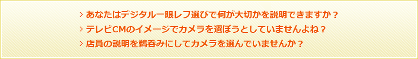 あなたはデジタル一眼レフ選びで何が大切かを説明できますか？　テレビCMのイメージでカメラを選ぼうとしていませんよね？　店員の説明を鵜呑みにしてカメラを選んでいませんか？